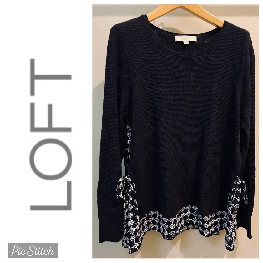 LOFT Navy Layered-look, Mixed Media Sweater, Like new, Long sleeves with cuffs
